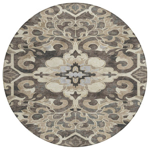 HomeRoots 5' Chocolate and Taupe Damask Area Rug - Elegant, Durable, Machine Washable for Indoor & Outdoor Use 8' Round 626885