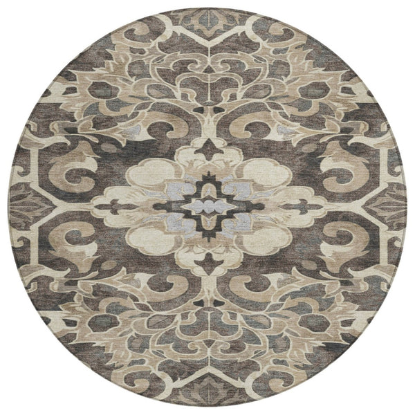 HomeRoots 5' Chocolate and Taupe Damask Area Rug - Elegant, Durable, Machine Washable for Indoor & Outdoor Use 8' Round 626885