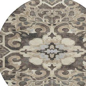 HomeRoots 5' Chocolate and Taupe Damask Area Rug - Elegant, Durable, Machine Washable for Indoor & Outdoor Use 8' Round 626885