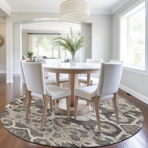 HomeRoots 5' Chocolate and Taupe Damask Area Rug - Elegant, Durable, Machine Washable for Indoor & Outdoor Use 8' Round 626885