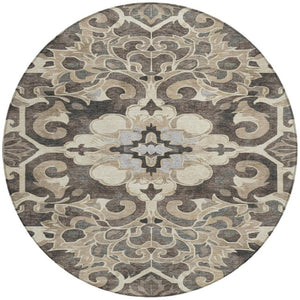 HomeRoots 5' Chocolate and Taupe Damask Area Rug - Elegant, Durable, Machine Washable for Indoor & Outdoor Use 8' Round 626885