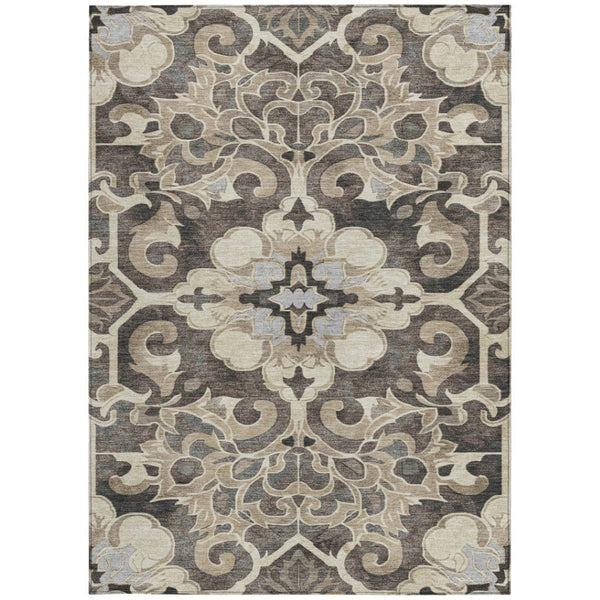 HomeRoots 5' Chocolate and Taupe Damask Area Rug - Elegant, Durable, Machine Washable for Indoor & Outdoor Use 8' X 10' 626886