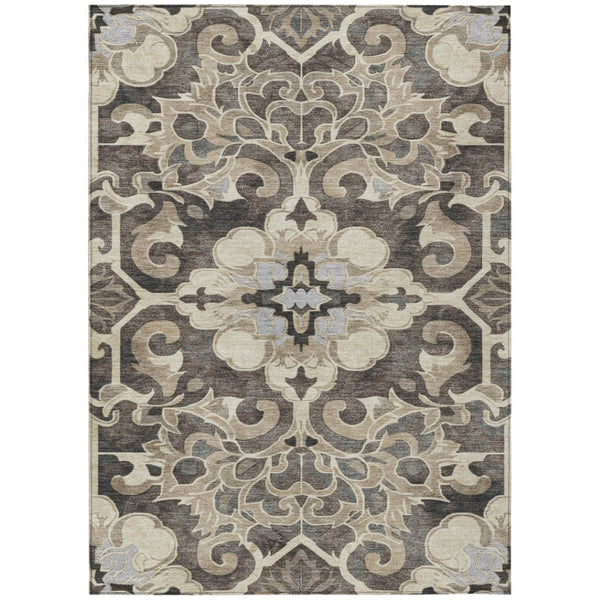 HomeRoots 5' Chocolate and Taupe Damask Area Rug - Elegant, Durable, Machine Washable for Indoor & Outdoor Use 8' X 10' 626886