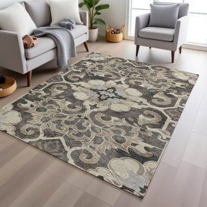 HomeRoots 5' Chocolate and Taupe Damask Area Rug - Elegant, Durable, Machine Washable for Indoor & Outdoor Use 8' X 10' 626886