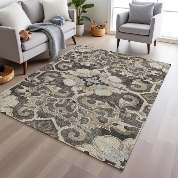 HomeRoots 5' Chocolate and Taupe Damask Area Rug - Elegant, Durable, Machine Washable for Indoor & Outdoor Use 8' X 10' 626886