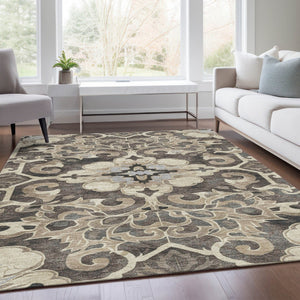 HomeRoots 5' Chocolate and Taupe Damask Area Rug - Elegant, Durable, Machine Washable for Indoor & Outdoor Use 8' X 10' 626886