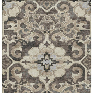 HomeRoots 5' Chocolate and Taupe Damask Area Rug - Elegant, Durable, Machine Washable for Indoor & Outdoor Use 9' X 12' 626887