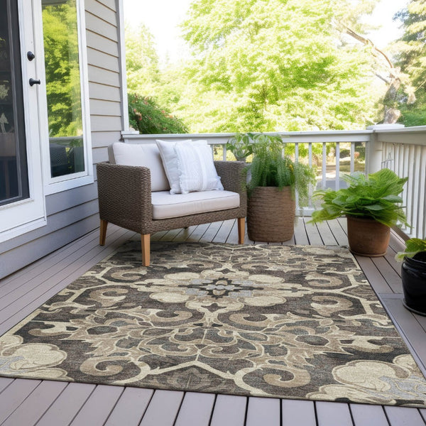 HomeRoots 5' Chocolate and Taupe Damask Area Rug - Elegant, Durable, Machine Washable for Indoor & Outdoor Use 9' X 12' 626887