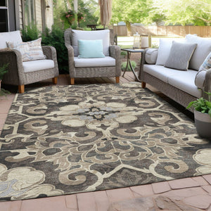 HomeRoots 5' Chocolate and Taupe Damask Area Rug - Elegant, Durable, Machine Washable for Indoor & Outdoor Use 10' X 14' 626888