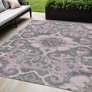 HomeRoots 5' Elegant Pink and Charcoal Damask Area Rug – Durable, Machine-Washable for Indoor and Outdoor Use 5' X 8' 626890
