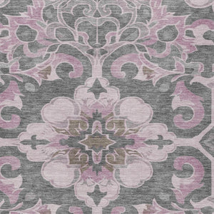 HomeRoots 5' Elegant Pink and Charcoal Damask Area Rug – Durable, Machine-Washable for Indoor and Outdoor Use 5' X 8' 626890