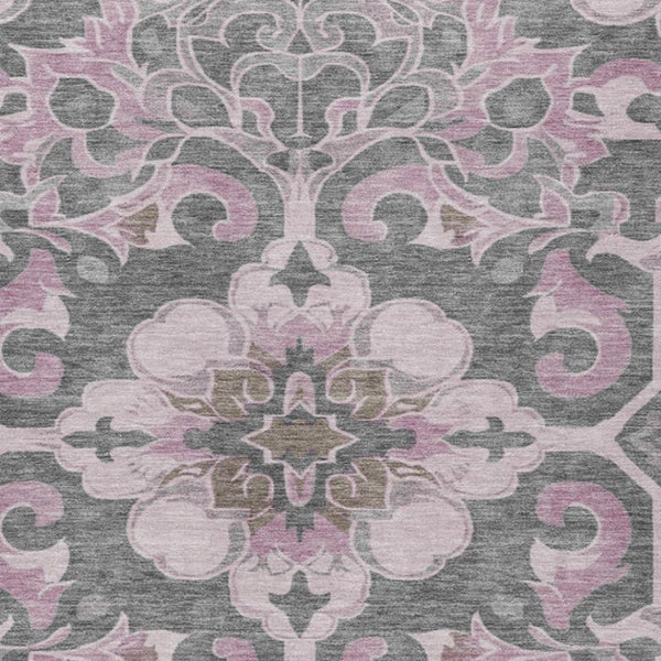 HomeRoots 5' Elegant Pink and Charcoal Damask Area Rug – Durable, Machine-Washable for Indoor and Outdoor Use 5' X 8' 626890