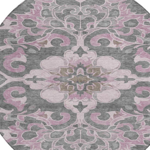 HomeRoots 5' Elegant Pink and Charcoal Damask Area Rug – Durable, Machine-Washable for Indoor and Outdoor Use 8' Round 626891