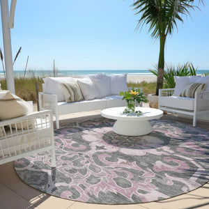 HomeRoots 5' Elegant Pink and Charcoal Damask Area Rug – Durable, Machine-Washable for Indoor and Outdoor Use 8' Round 626891