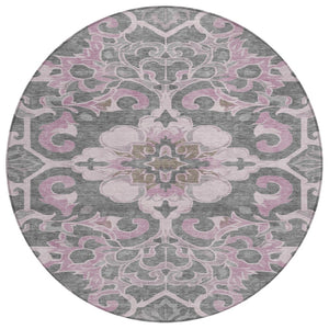 HomeRoots 5' Elegant Pink and Charcoal Damask Area Rug – Durable, Machine-Washable for Indoor and Outdoor Use 8' Round 626891