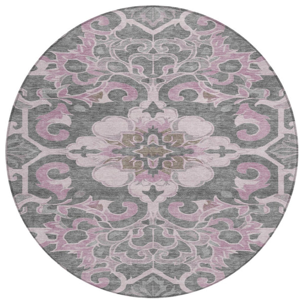 HomeRoots 5' Elegant Pink and Charcoal Damask Area Rug – Durable, Machine-Washable for Indoor and Outdoor Use 8' Round 626891