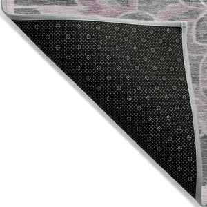 HomeRoots 5' Elegant Pink and Charcoal Damask Area Rug – Durable, Machine-Washable for Indoor and Outdoor Use 8' Round 626891