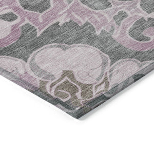 HomeRoots 5' Elegant Pink and Charcoal Damask Area Rug – Durable, Machine-Washable for Indoor and Outdoor Use 8' Round 626891