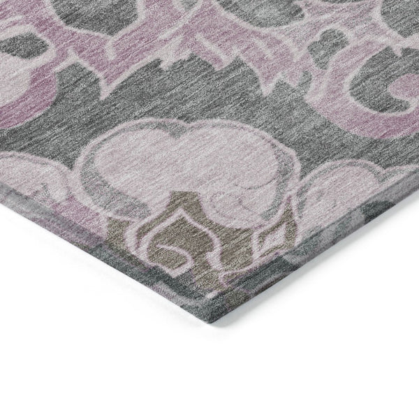 HomeRoots 5' Elegant Pink and Charcoal Damask Area Rug – Durable, Machine-Washable for Indoor and Outdoor Use 8' Round 626891