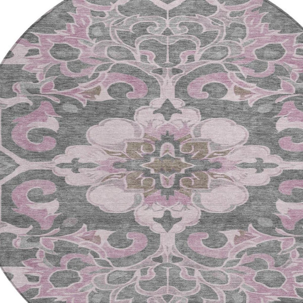 HomeRoots 5' Elegant Pink and Charcoal Damask Area Rug – Durable, Machine-Washable for Indoor and Outdoor Use 8' Round 626891