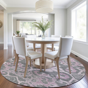 HomeRoots 5' Elegant Pink and Charcoal Damask Area Rug – Durable, Machine-Washable for Indoor and Outdoor Use 8' Round 626891