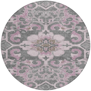 HomeRoots 5' Elegant Pink and Charcoal Damask Area Rug – Durable, Machine-Washable for Indoor and Outdoor Use 8' Round 626891