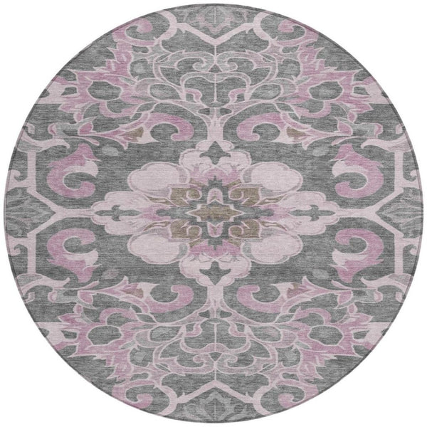 HomeRoots 5' Elegant Pink and Charcoal Damask Area Rug – Durable, Machine-Washable for Indoor and Outdoor Use 8' Round 626891