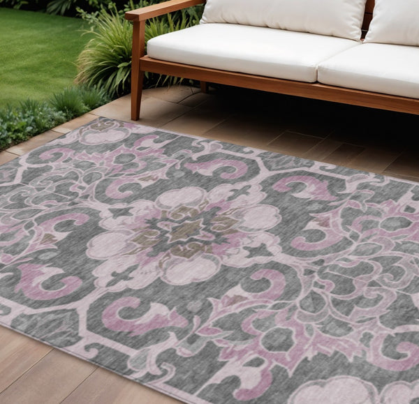 HomeRoots 5' Elegant Pink and Charcoal Damask Area Rug – Durable, Machine-Washable for Indoor and Outdoor Use 8' X 10' 626892