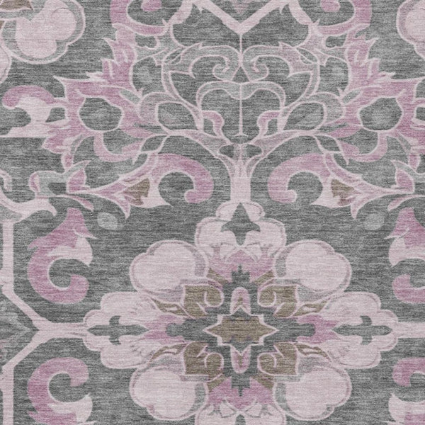 HomeRoots 5' Elegant Pink and Charcoal Damask Area Rug – Durable, Machine-Washable for Indoor and Outdoor Use 8' X 10' 626892