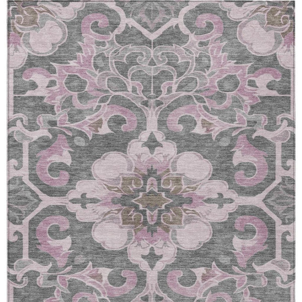 HomeRoots 5' Elegant Pink and Charcoal Damask Area Rug – Durable, Machine-Washable for Indoor and Outdoor Use 9' X 12' 626893