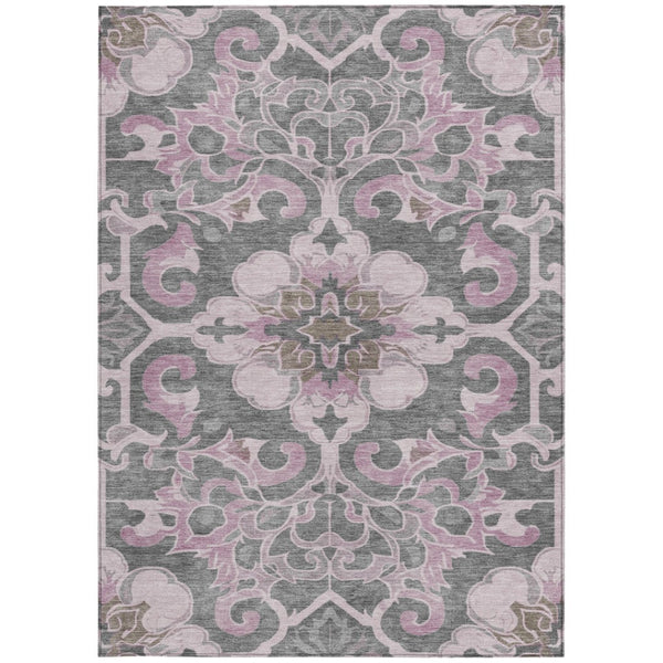 HomeRoots 5' Elegant Pink and Charcoal Damask Area Rug – Durable, Machine-Washable for Indoor and Outdoor Use 9' X 12' 626893