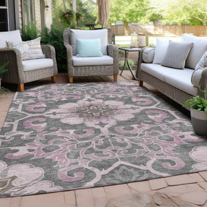 HomeRoots 5' Elegant Pink and Charcoal Damask Area Rug – Durable, Machine-Washable for Indoor and Outdoor Use 9' X 12' 626893