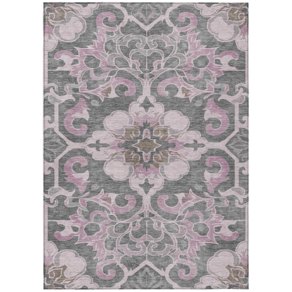 HomeRoots 5' Elegant Pink and Charcoal Damask Area Rug – Durable, Machine-Washable for Indoor and Outdoor Use 9' X 12' 626893