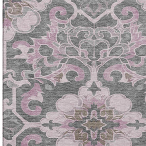 HomeRoots 5' Elegant Pink and Charcoal Damask Area Rug – Durable, Machine-Washable for Indoor and Outdoor Use 9' X 12' 626893