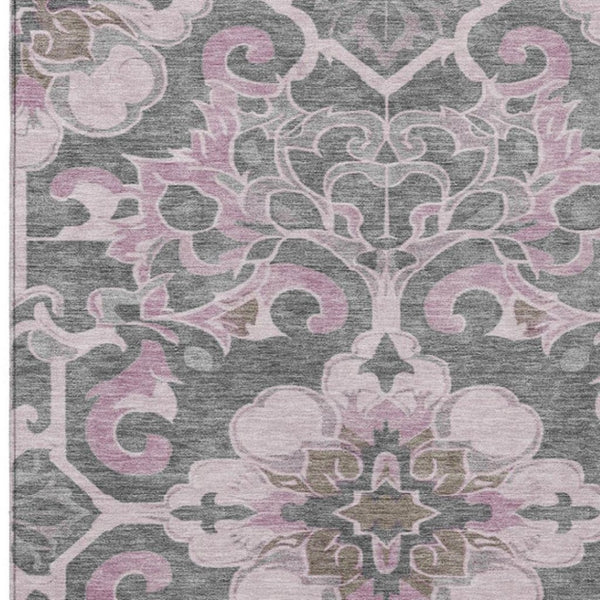 HomeRoots 5' Elegant Pink and Charcoal Damask Area Rug – Durable, Machine-Washable for Indoor and Outdoor Use 9' X 12' 626893
