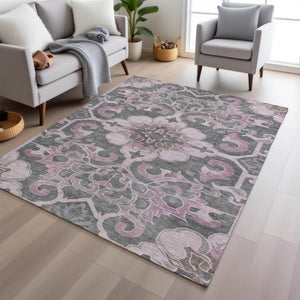 HomeRoots 5' Elegant Pink and Charcoal Damask Area Rug – Durable, Machine-Washable for Indoor and Outdoor Use 9' X 12' 626893