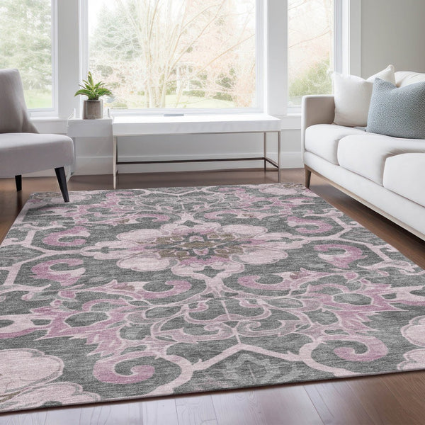 HomeRoots 5' Elegant Pink and Charcoal Damask Area Rug – Durable, Machine-Washable for Indoor and Outdoor Use 9' X 12' 626893