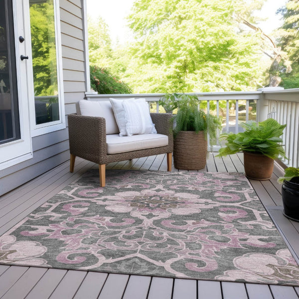 HomeRoots 5' Elegant Pink and Charcoal Damask Area Rug – Durable, Machine-Washable for Indoor and Outdoor Use 9' X 12' 626893