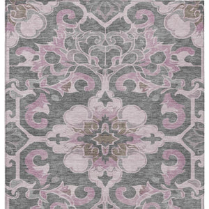 HomeRoots 5' Elegant Pink and Charcoal Damask Area Rug – Durable, Machine-Washable for Indoor and Outdoor Use 10' X 14' 626894
