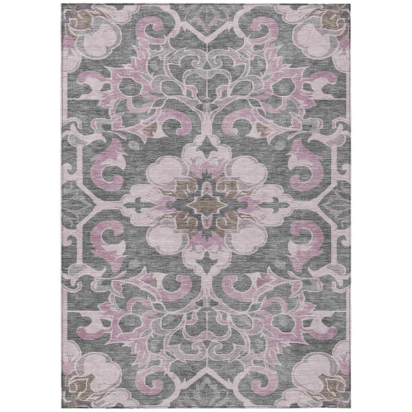 HomeRoots 5' Elegant Pink and Charcoal Damask Area Rug – Durable, Machine-Washable for Indoor and Outdoor Use 10' X 14' 626894