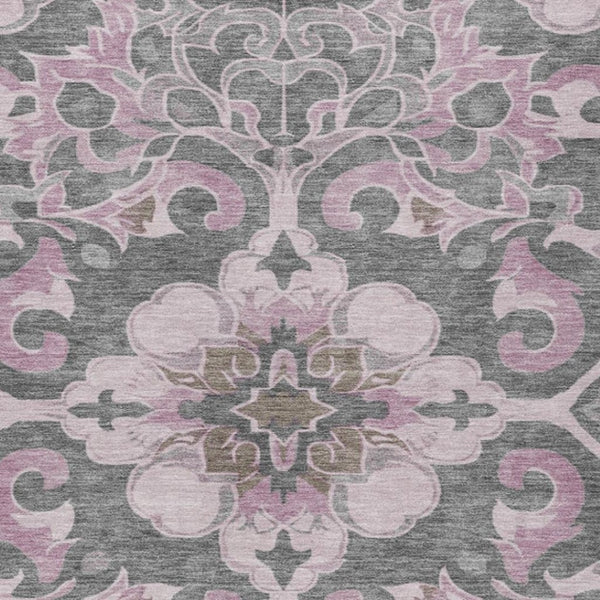 HomeRoots 5' Elegant Pink and Charcoal Damask Area Rug – Durable, Machine-Washable for Indoor and Outdoor Use 10' X 14' 626894