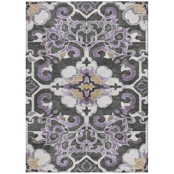 HomeRoots 5' Elegant Purple and Charcoal Damask Area Rug – Washable, Durable, Indoor-Outdoor Versatility 5' X 8' 626896