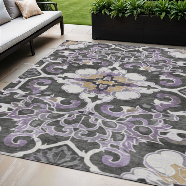 HomeRoots 5' Elegant Purple and Charcoal Damask Area Rug – Washable, Durable, Indoor-Outdoor Versatility 5' X 8' 626896