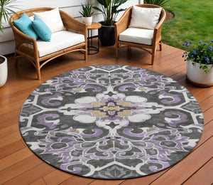 HomeRoots 5' Elegant Purple and Charcoal Damask Area Rug – Washable, Durable, Indoor-Outdoor Versatility 8' Round 626897