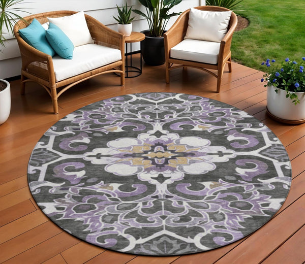 HomeRoots 5' Elegant Purple and Charcoal Damask Area Rug – Washable, Durable, Indoor-Outdoor Versatility 8' Round 626897