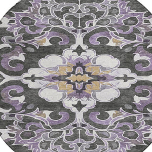 HomeRoots 5' Elegant Purple and Charcoal Damask Area Rug – Washable, Durable, Indoor-Outdoor Versatility 8' Round 626897