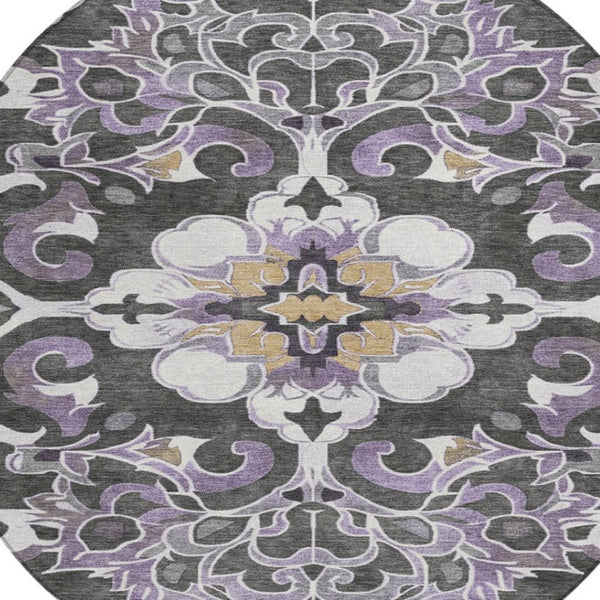 HomeRoots 5' Elegant Purple and Charcoal Damask Area Rug – Washable, Durable, Indoor-Outdoor Versatility 8' Round 626897