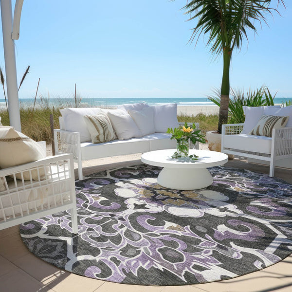 HomeRoots 5' Elegant Purple and Charcoal Damask Area Rug – Washable, Durable, Indoor-Outdoor Versatility 8' Round 626897