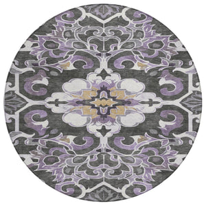 HomeRoots 5' Elegant Purple and Charcoal Damask Area Rug – Washable, Durable, Indoor-Outdoor Versatility 8' Round 626897