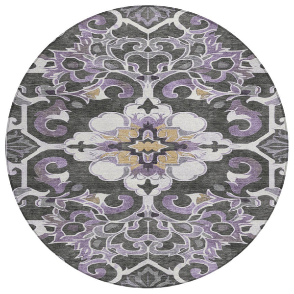 HomeRoots 5' Elegant Purple and Charcoal Damask Area Rug – Washable, Durable, Indoor-Outdoor Versatility 8' Round 626897